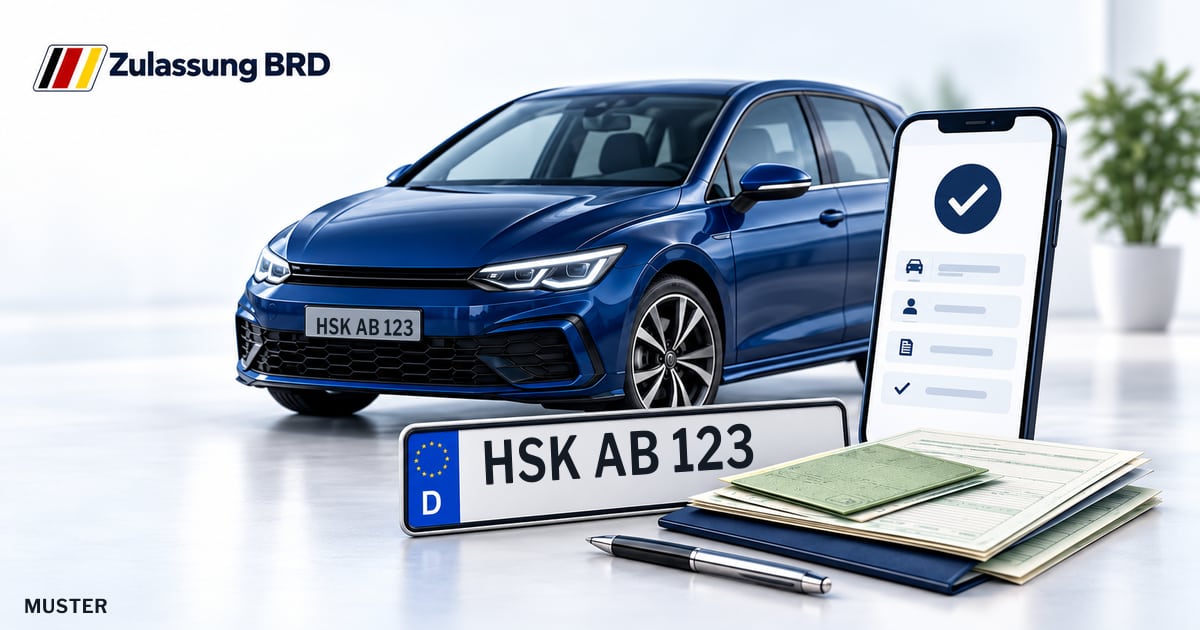 Online Fahrzeugzulassung in Winterberg: Musterkennzeichen HSK AB 123, Auto und Fahrzeugpapiere und Smartphone. Illustration mit Logo von Zulassung BRD.